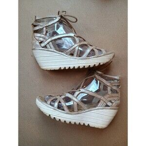 Fly London Womens Yuke Sandal Size 36 Gold Gladiator Wedge Platform Strappy